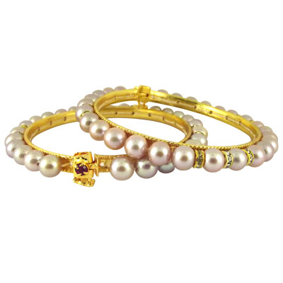 Pink Cz Button Pearl Bangles