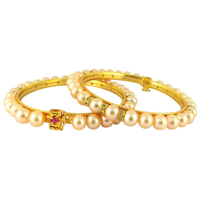 Peach Color Button Pearl Bangles