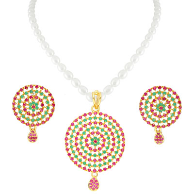 Colourful Circular Pendant In Pearl Necklace