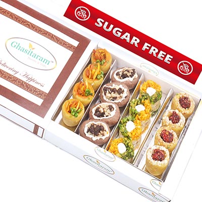 Assorted Box of Sugarfree Anjeer Basket, Kesar Pista Delight, Choco Boat, and Almond Basket  400 gms