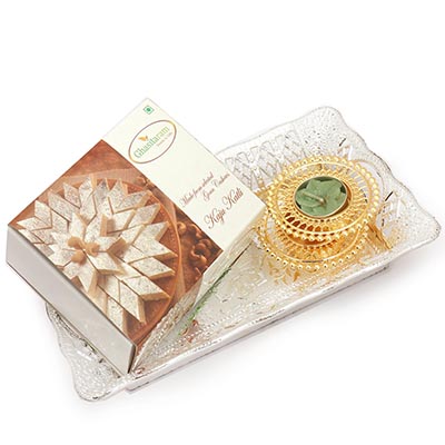 Rectangle Silver Small Tray with Kaju Katli and 2 T-Lites