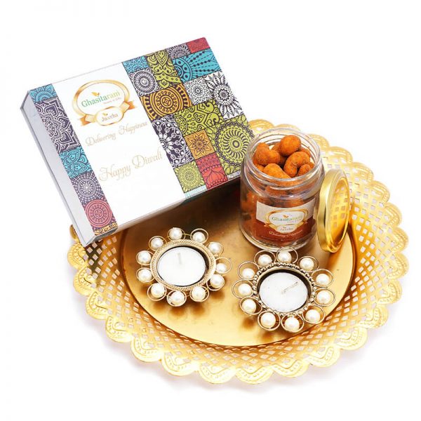 Golden thali with T-Lites Cashews jar and Bites Box