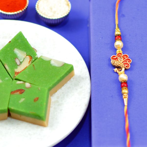 Peacock Rakhi with Kesar Kesar Barfi 200gm