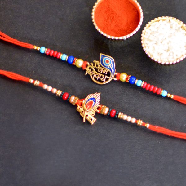 Om Namah Shivay and Krishna Morpank Rakhi Set