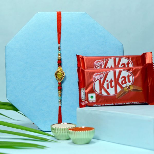 Leafy motif hand painted Rakhi with Kitkat Chocolate