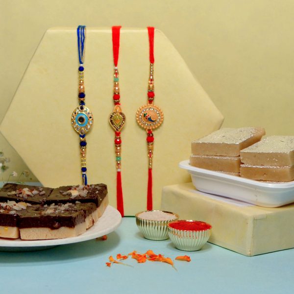 Gorgeous Designer Rakhi Trio with Sweets Hamper