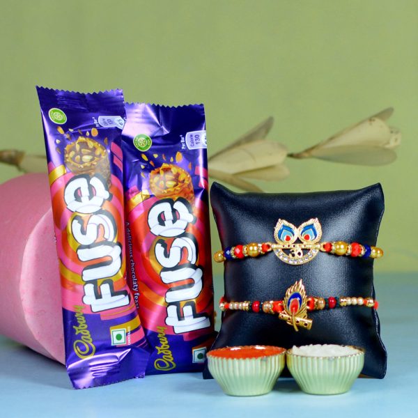 Duo Rakhi Chocolate Hamper of Bansuri Kanha Rakhi N Morpankh Bansuri Rakhi