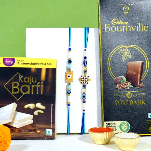 Protective Evil Eye Rakhi Set of 2 with Sweets and Cadbury