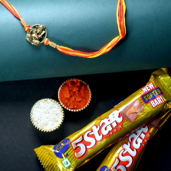 Lord Ganesha Metal Rakhi with 5 Star Chocolates