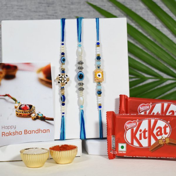 Premium Evil Eye Rakhi Set of 3 with 2 Kitkat