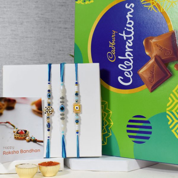 Unique Evil Eye Rakhi Set of 3 with Cadbury Chocolates Celebrations